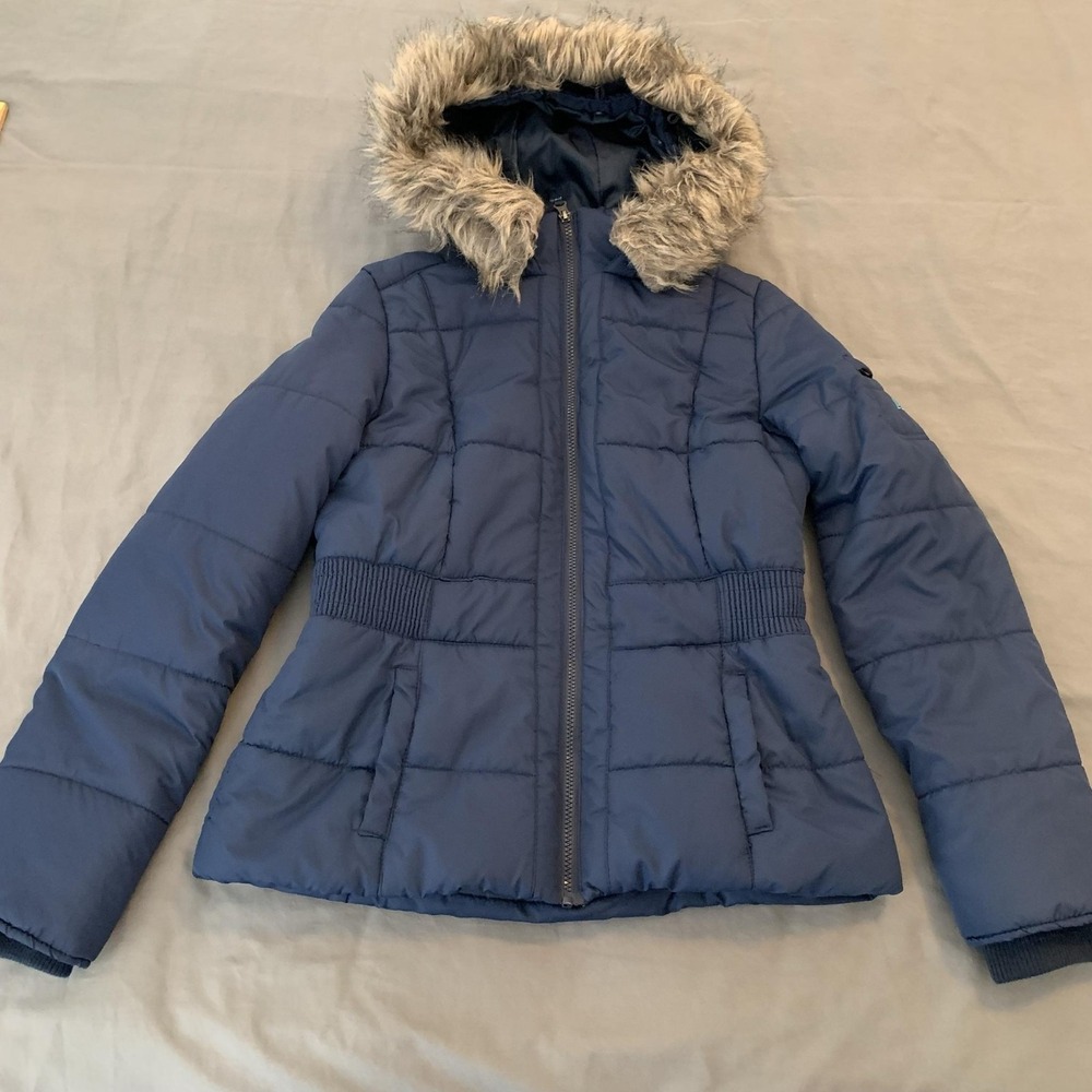 Aeropostale Jacket Juniors Large Blue Puffer Hooded Faux Fur‎ Trim A87 Logo